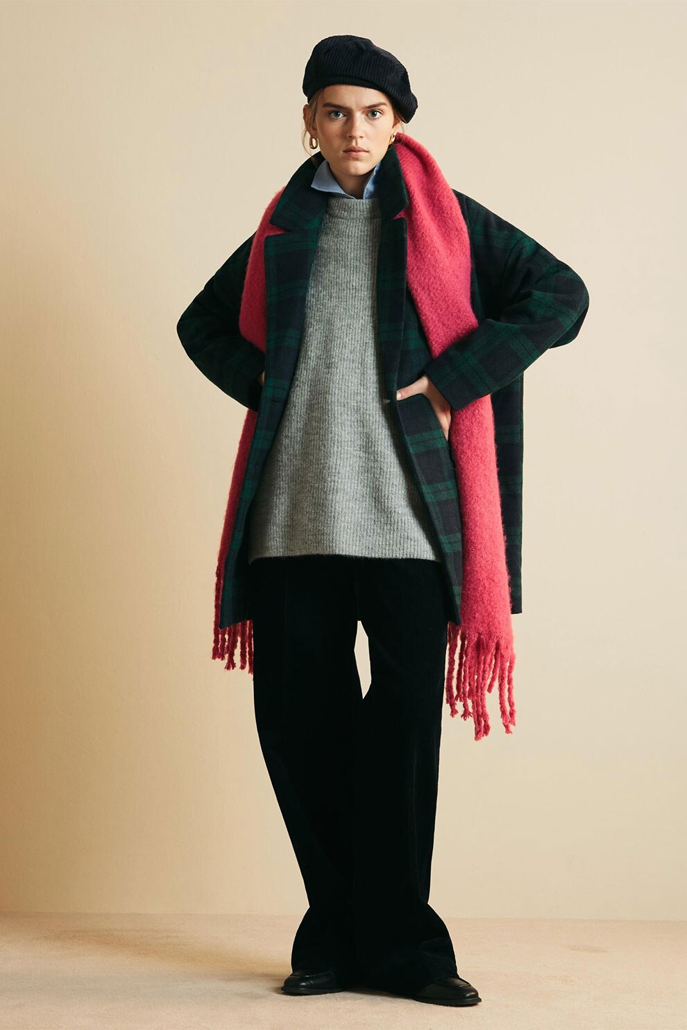 OVS, Palton cu model in carouri si doua randuri de nasturi, Verde inchis/Negru