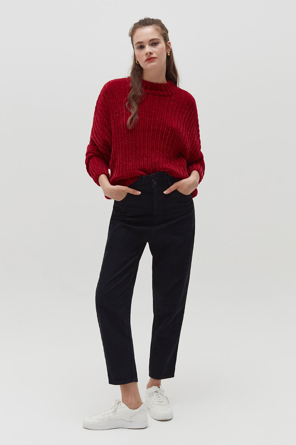 OVS, Pantaloni cu croiala ampla si talie inalta, Negru