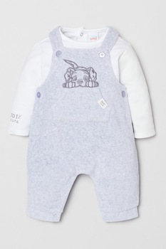 OVS, Set de bluza si salopeta din bumbac - 2 piese, Gri deschis/Alb OVS, Set de bluza si salopeta din bumbac - 2 piese, Gri deschis/Alb