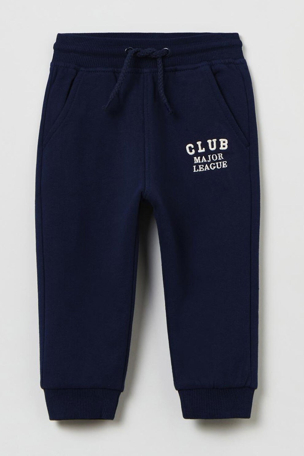 OVS, Pantaloni sport de bumbac cu text brodat, Bleumarin inchis