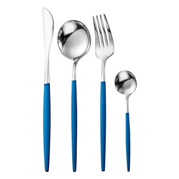 Set tacamuri 4 piese otel inoxidabil, Argintiu/Albastru Set tacamuri 4 piese otel inoxidabil, Argintiu/Albastru