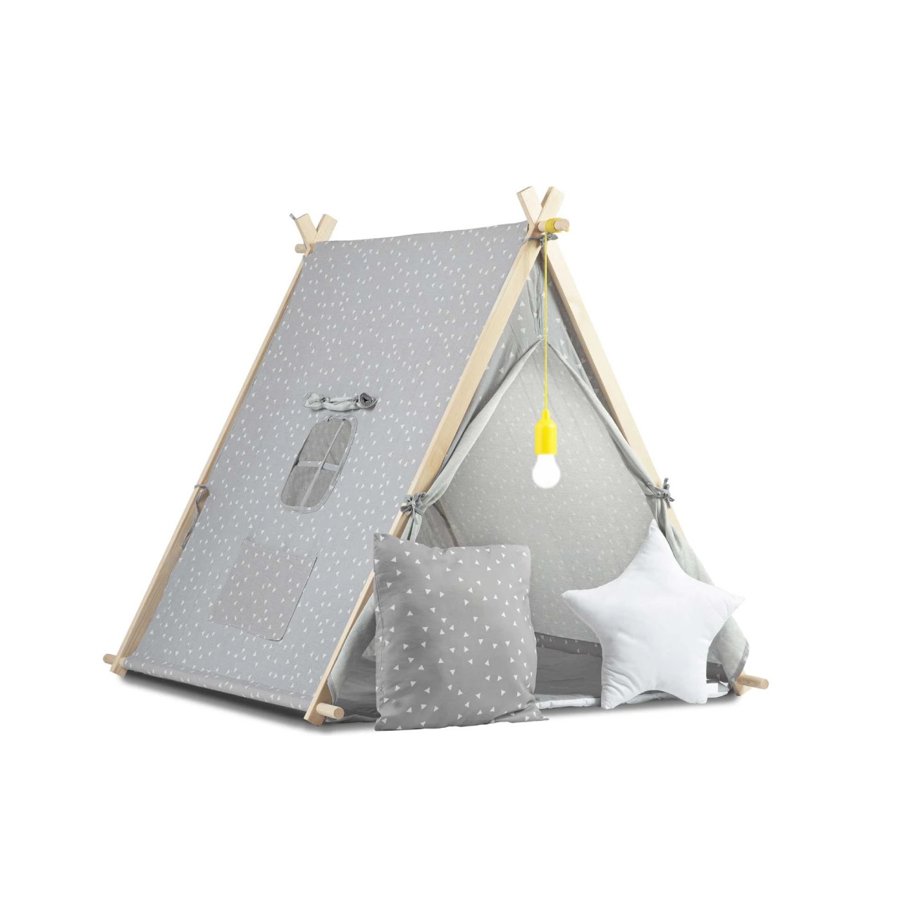 Cort montessori model gri cu picatele, instalatie, perne moi, structura lemn, jaluzele si tesatura dedicata