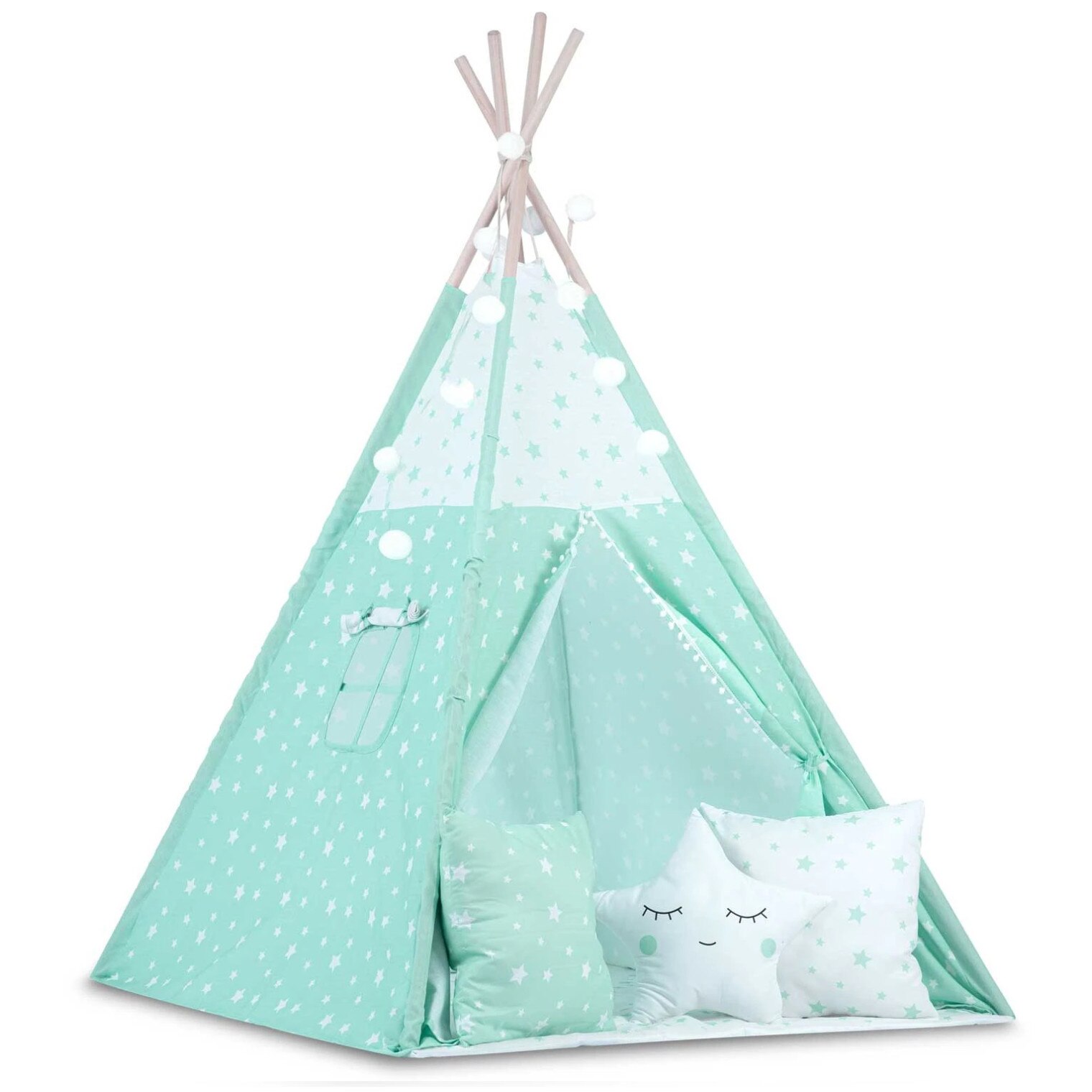 Cort montessori model tipi albastru, instalatie, perne moi, structura lemn, jaluzele si tesatura dedicata