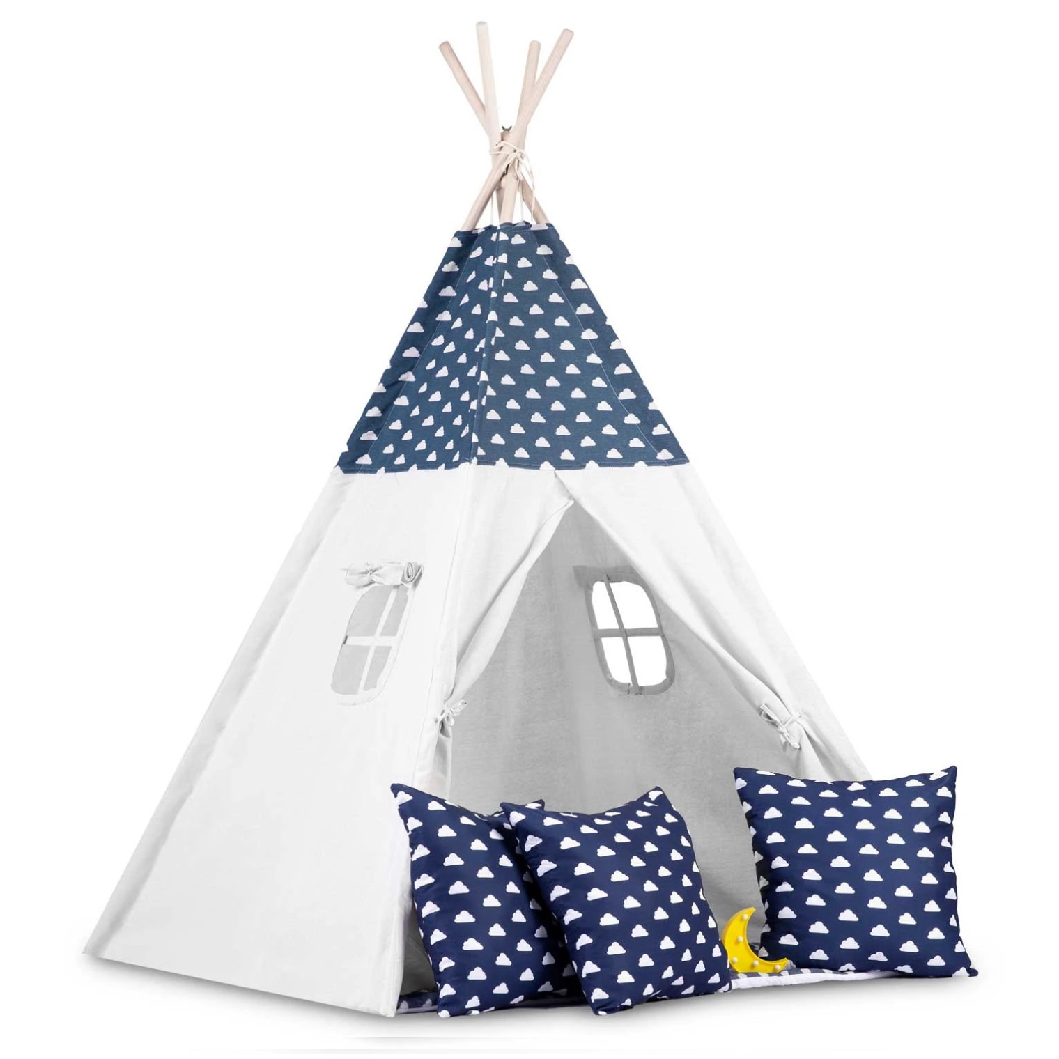 Cort montessori model tipi clouds, instalatie, perne moi, structura lemn, jaluzele si tesatura dedicata