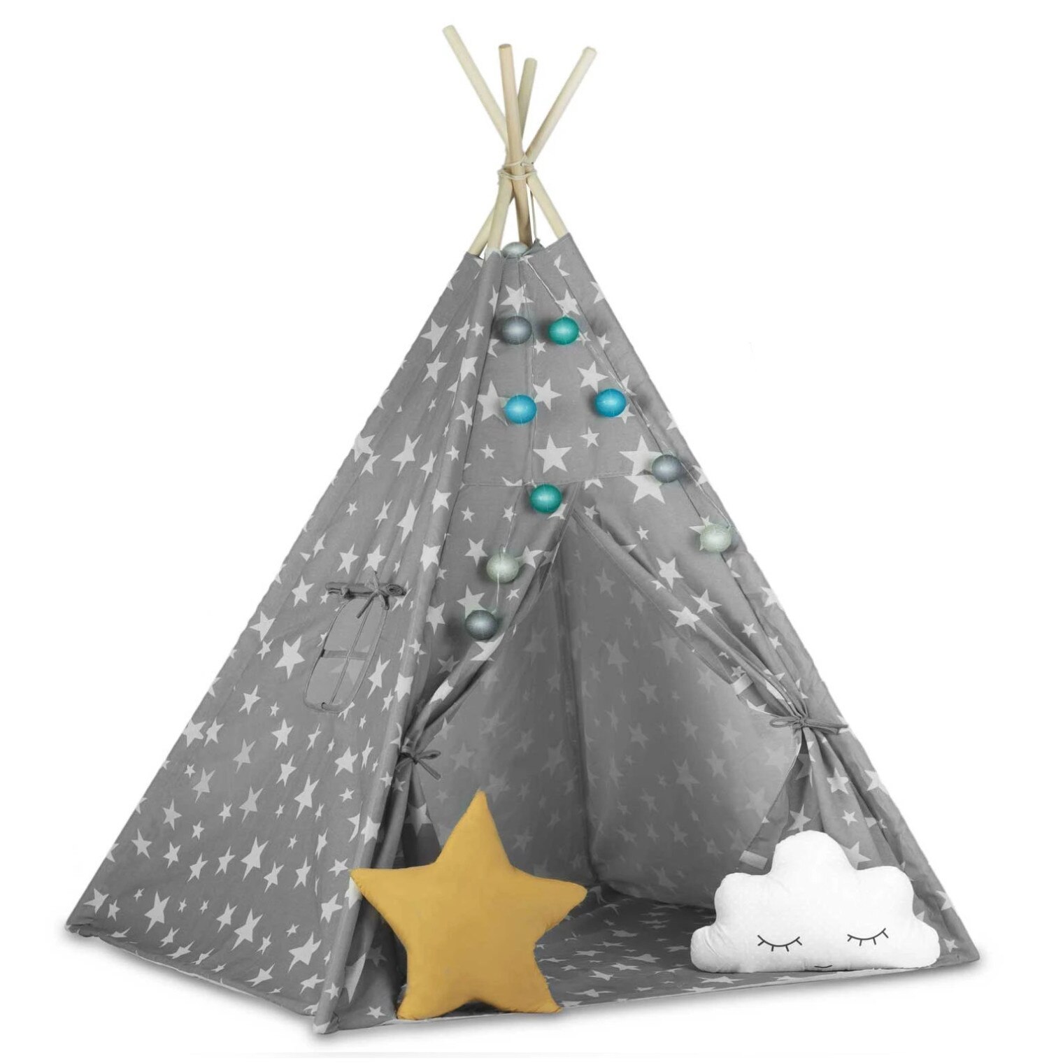 Cort montessori model tipi, stars grey, instalatie, perne moi, structura lemn, jaluzele si tesatura dedicata