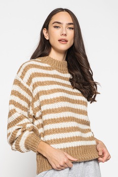 Sisters Point, Pulover cu dungi, decolteu la baza gatului si maneci cazute Lilja, Maro/Alb Sisters Point, Pulover cu dungi, decolteu la baza gatului si maneci cazute Lilja, Maro/Alb