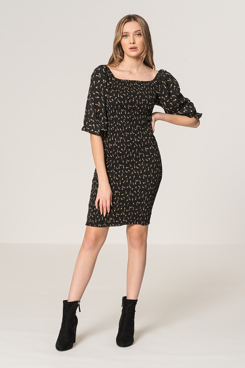 Sisters Point, Rochie cu insertie elastica si maneci bufante Ewo, Negru