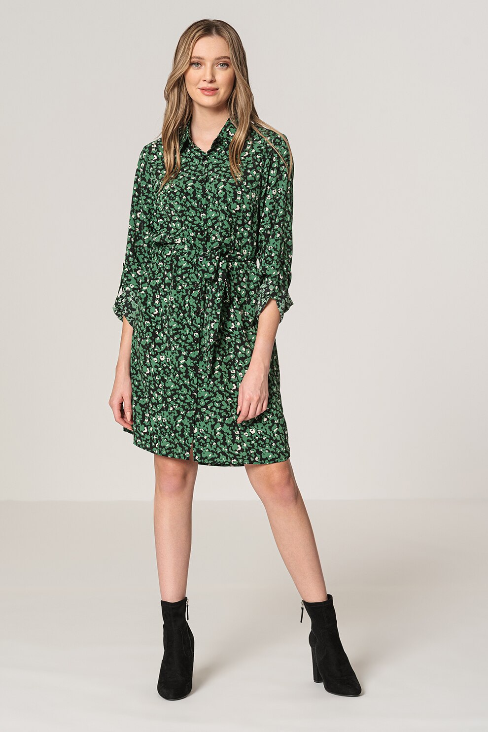 Sisters Point, Rochie-camasa mini cu animal print, Verde/Negru