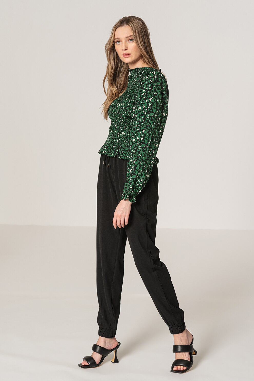 Sisters Point, Bluza cu insertie elastica si animal print, Verde/Negru