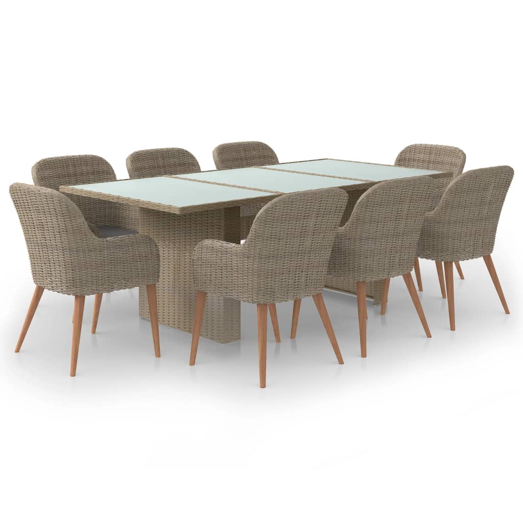 Set mobilier de gradina din 9 piese cu perne si masa cu blat de sticla vidaXL, Poliratan, 200 x 100 x 74 cm, Maro/Transparent