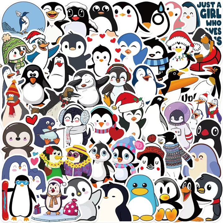 Set 50 autocolante Lifepal, Model pinguin, Vinil, Impermeabil, Multicolor