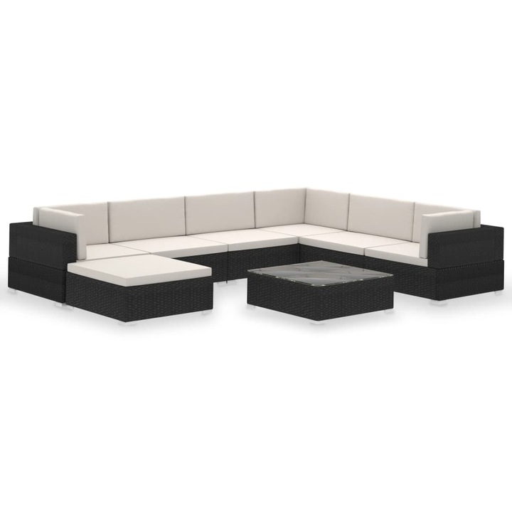 Set mobilier de gradina cu perne, 8 piese, negru, poliratan