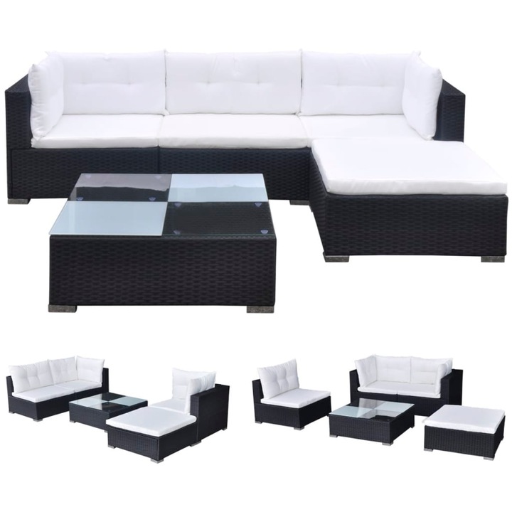 VidaXL 5-részes fekete polyrattan kerti bútorszett párnákkal 41872