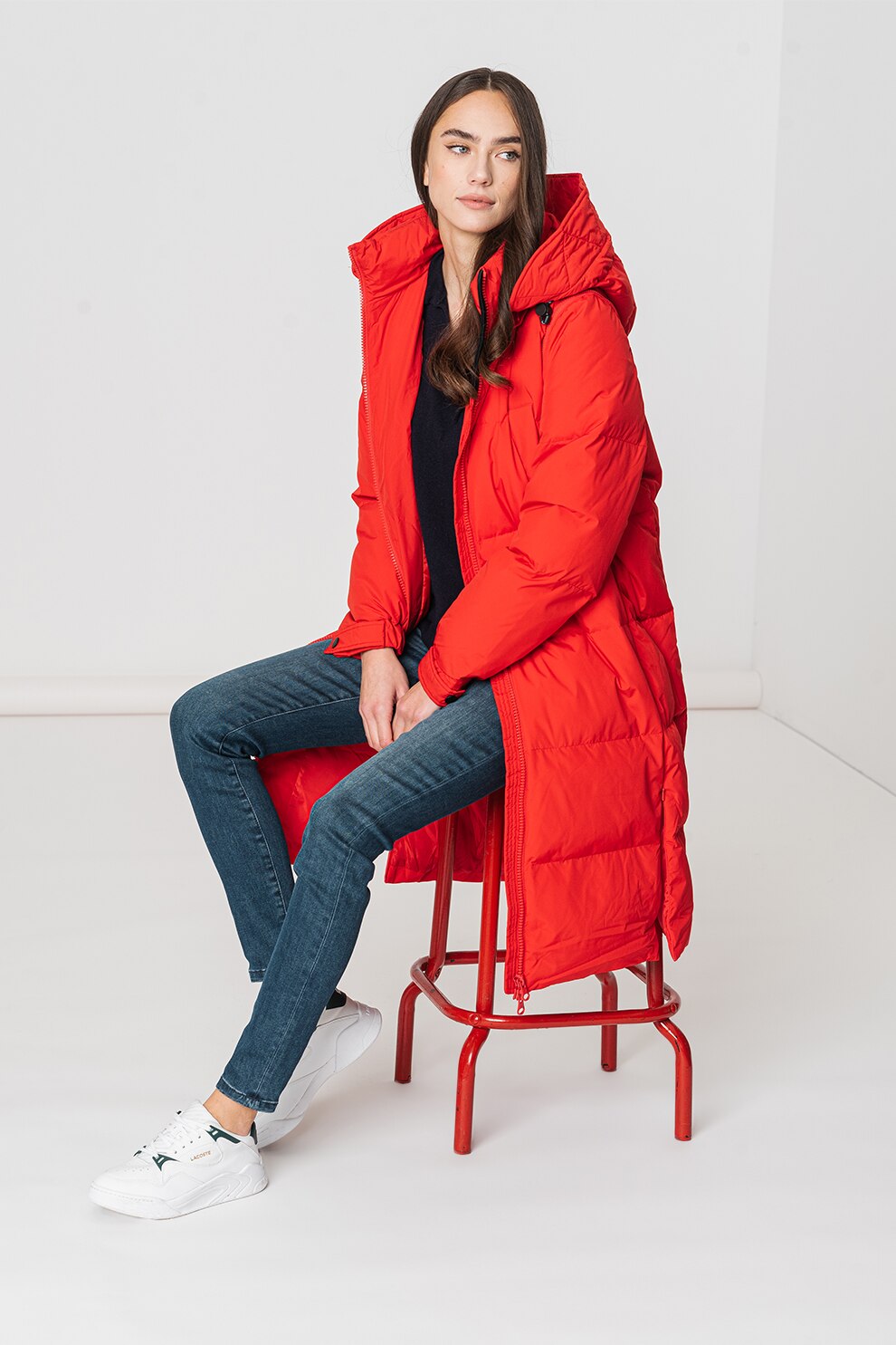 United Colors of Benetton, Geaca lunga cu puf si maneci detasabile, Rosu