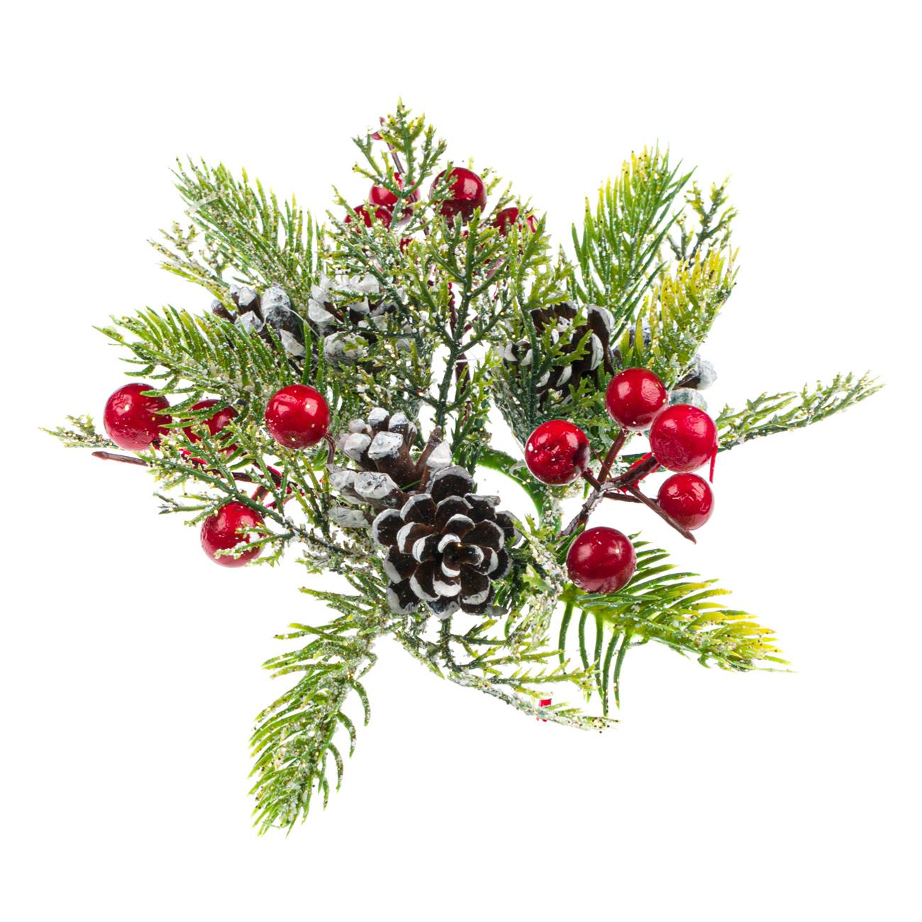 Aranjament decorativ pentru masa de Craciun, model coronita cu fructe rosii si conuri, 18 cm, Multicolor