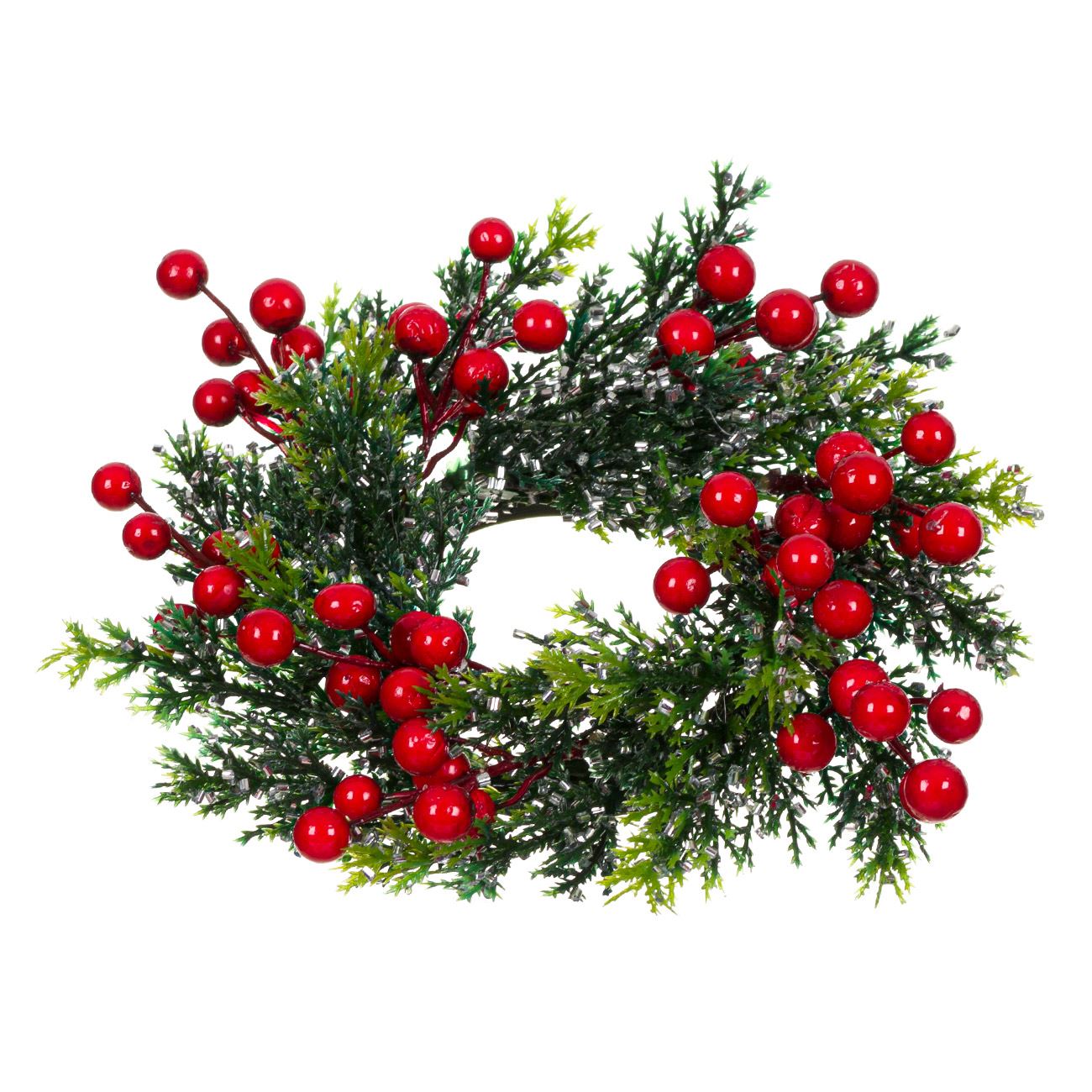 Aranjament decorativ pentru masa de Craciun, model coronita de pus lumanare cu Fructe Rosii, 21 cm, Rosu/Verde