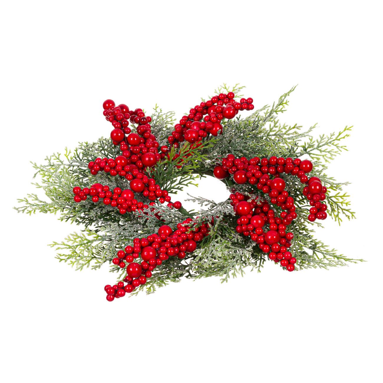 Aranjament decorativ pentru masa de Craciun, model coronita de pus lumanare cu Zapada si Fructe Rosii, 35 cm, Verde