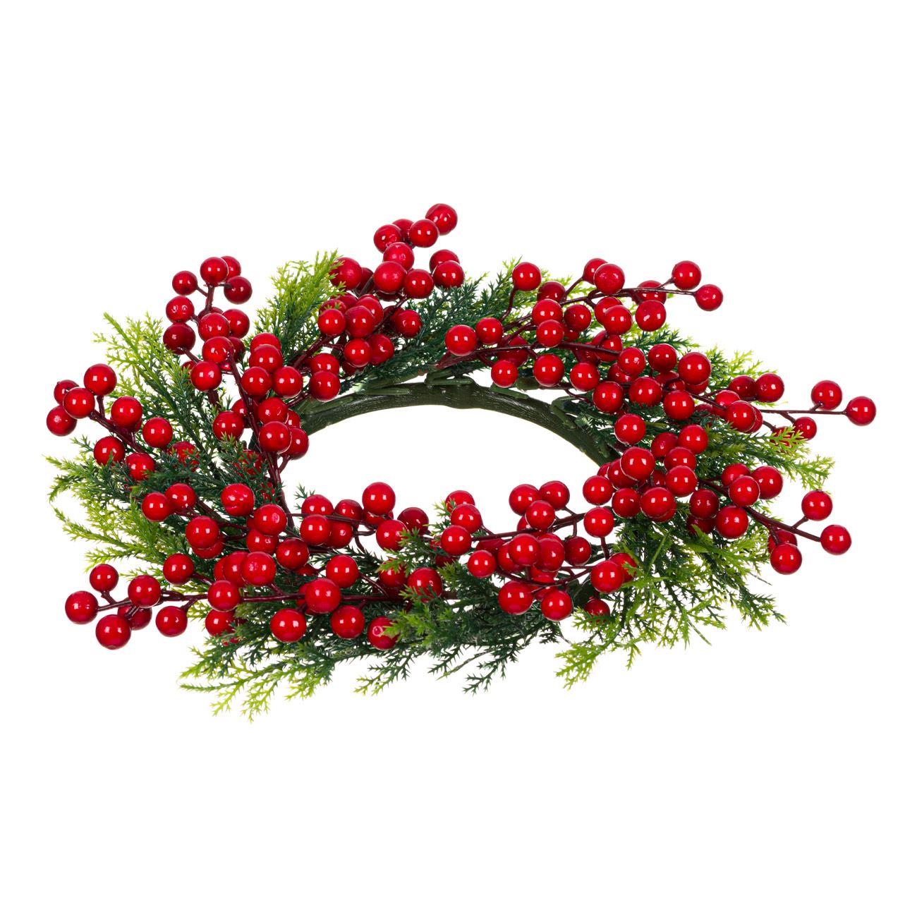 Aranjament decorativ pentru masa de Craciun, model coronita de pus lumanarea cu Fructe Rosii, 34 cm, Verde