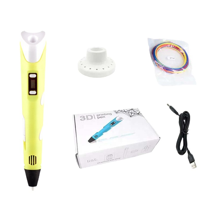 3D ceruza led kijelzővel, rajzoláshoz, sárga, PLA izzószál