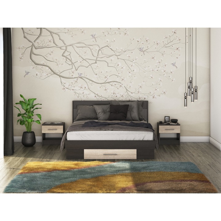 Pat Beta cu Noptiere, Wenge/Sonoma, 160x200 cm