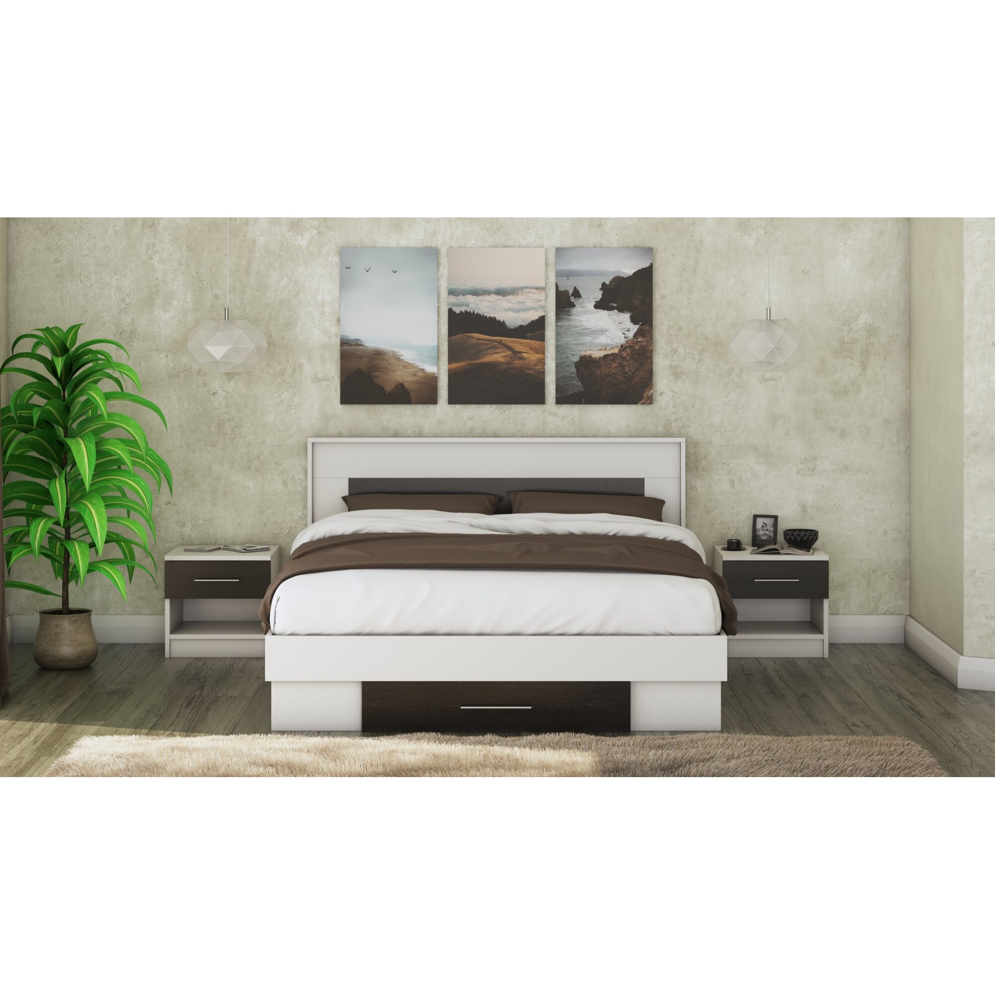 Set pat Beta cu Saltea si Noptiere, Alb/Wenge, 160x200 cm, suport saltea inclus