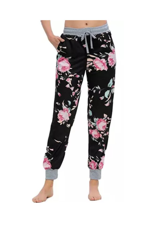 Pantaloni de Pijama cu Imprimeu Floral, Negru