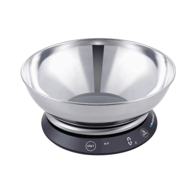 Cantar de bucatarie Blaupunkt cu bol de otel FKS602, 5 kg/1 g, afisaj ascuns cu butoane tactile, conversie greutate in volum apa/lapte, baterii AAA incluse, 1 buc