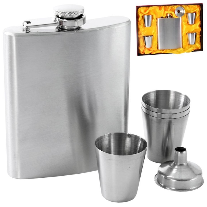 Set cadou din inox cu 4 cani si lejer, 210 ml, argintie, 9,5x2,5x12,5 cm