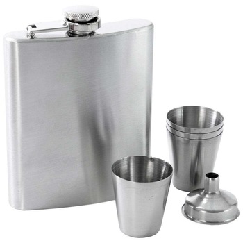 Set servire Orion, Sticla alcool/4 Pahare/Palnie, Inox, 210 ml, Argintiu Set servire Orion, Sticla alcool/4 Pahare/Palnie, Inox, 210 ml, Argintiu
