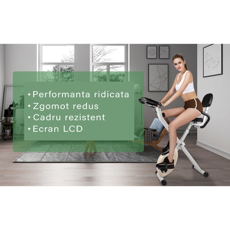 Bicicleta fitness magnetica, GO4FIT, model GF300, verticala, pliabila, volanta 1.6 kg, greutate maxima utilizator 100 kg, 5 functii, timp, viteza, distanta, calorii, puls, 8 niveluri de rezistenta