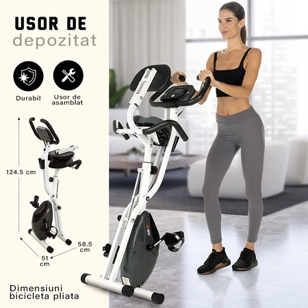Bicicleta fitness magnetica, GO4FIT, model GF300, verticala, pliabila, volanta 1.6 kg, greutate maxima utilizator 100 kg, 5 functii, timp, viteza, distanta, calorii, puls, 8 niveluri de rezistenta