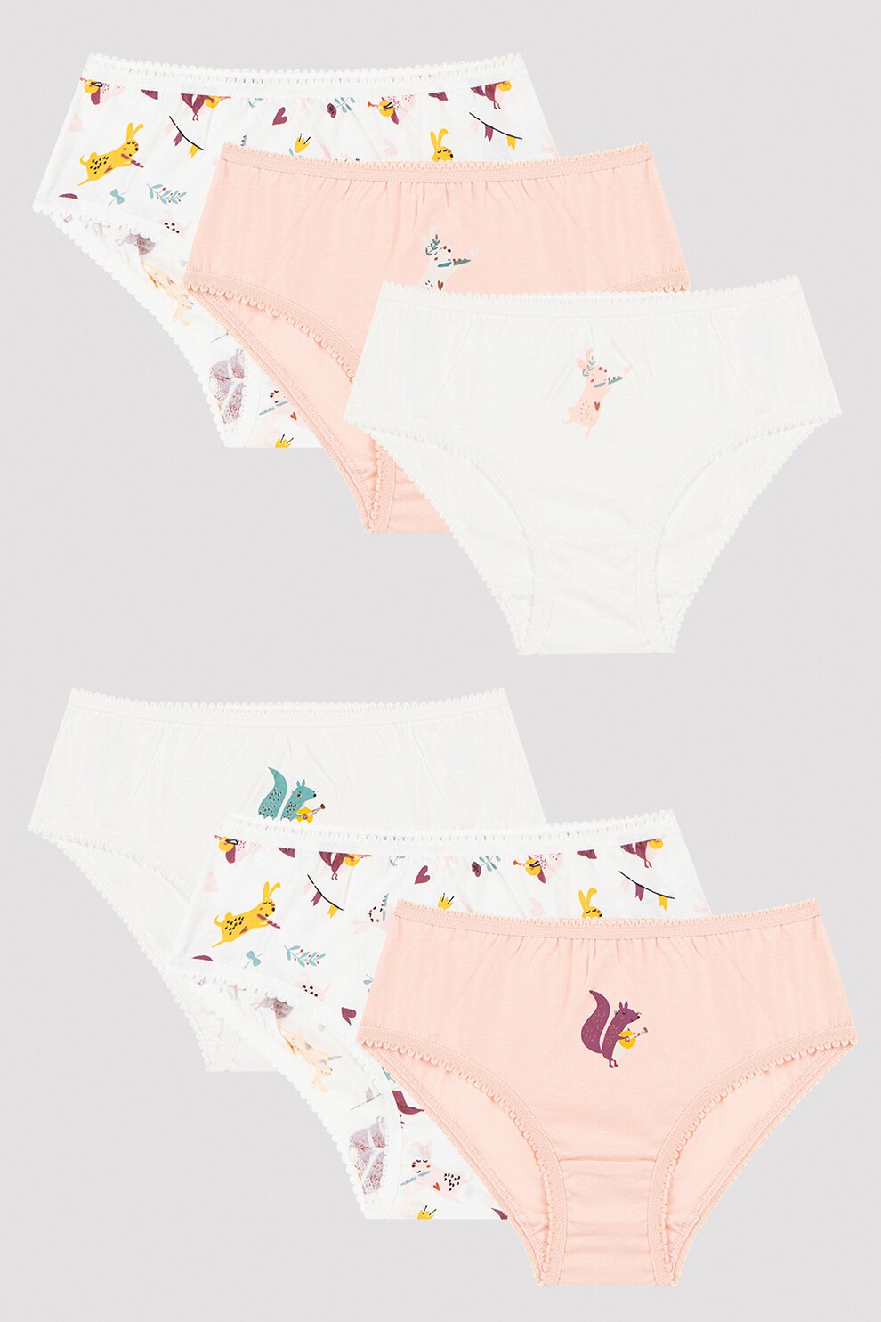 Penti, Set de chiloti cu animale - 6 perechi, Alb/Roz somon