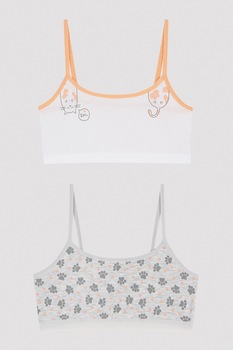 Penti, Set de bustiere din amestec de bumbac cu imprimeu grafic - 2 piese, Alb/Gri/Oranj Penti, Set de bustiere din amestec de bumbac cu imprimeu grafic - 2 piese, Alb/Gri/Oranj