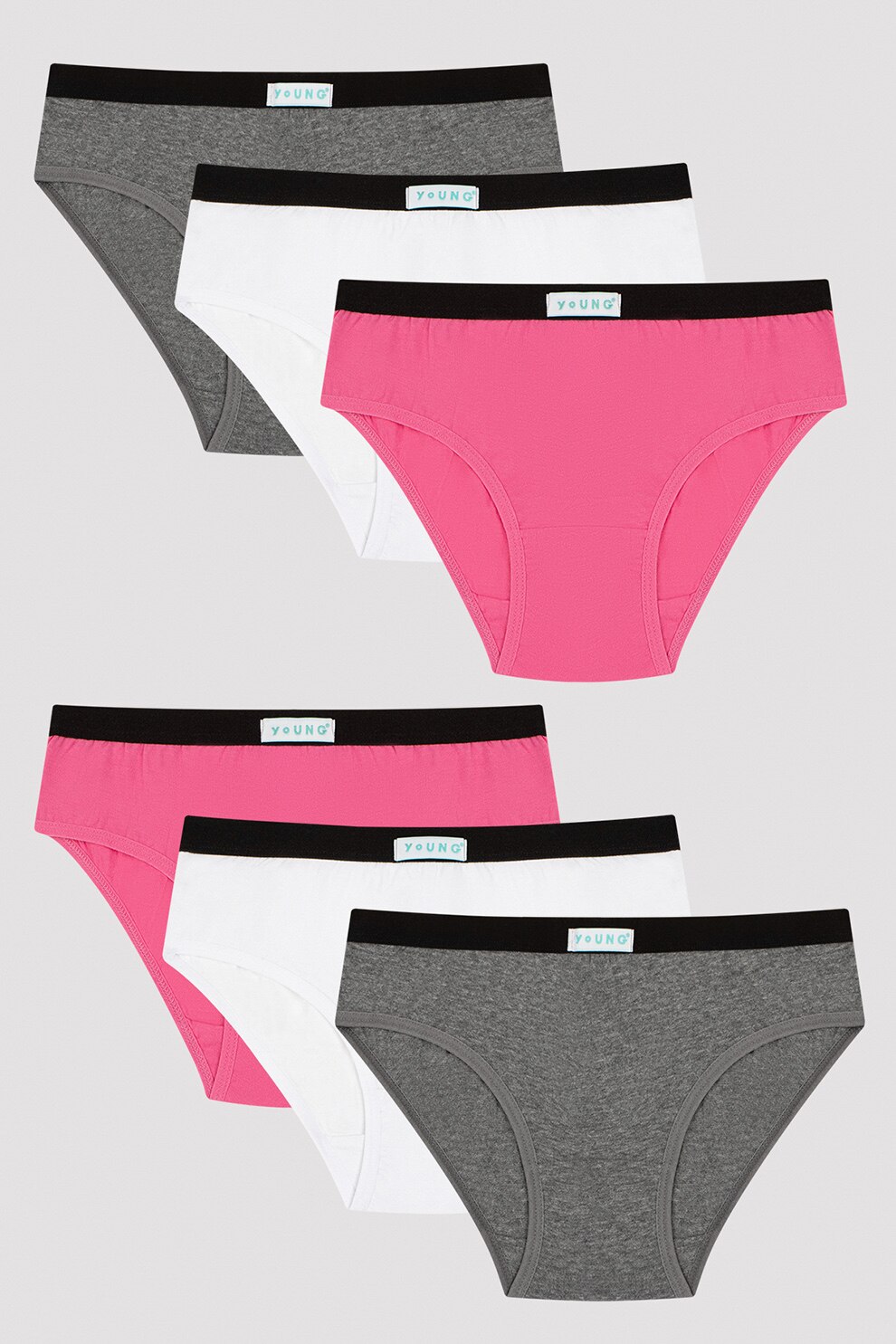 Penti, Set de chiloti cu banda contrastanta in talie - 6 perechi, Roz/Alb/Gri