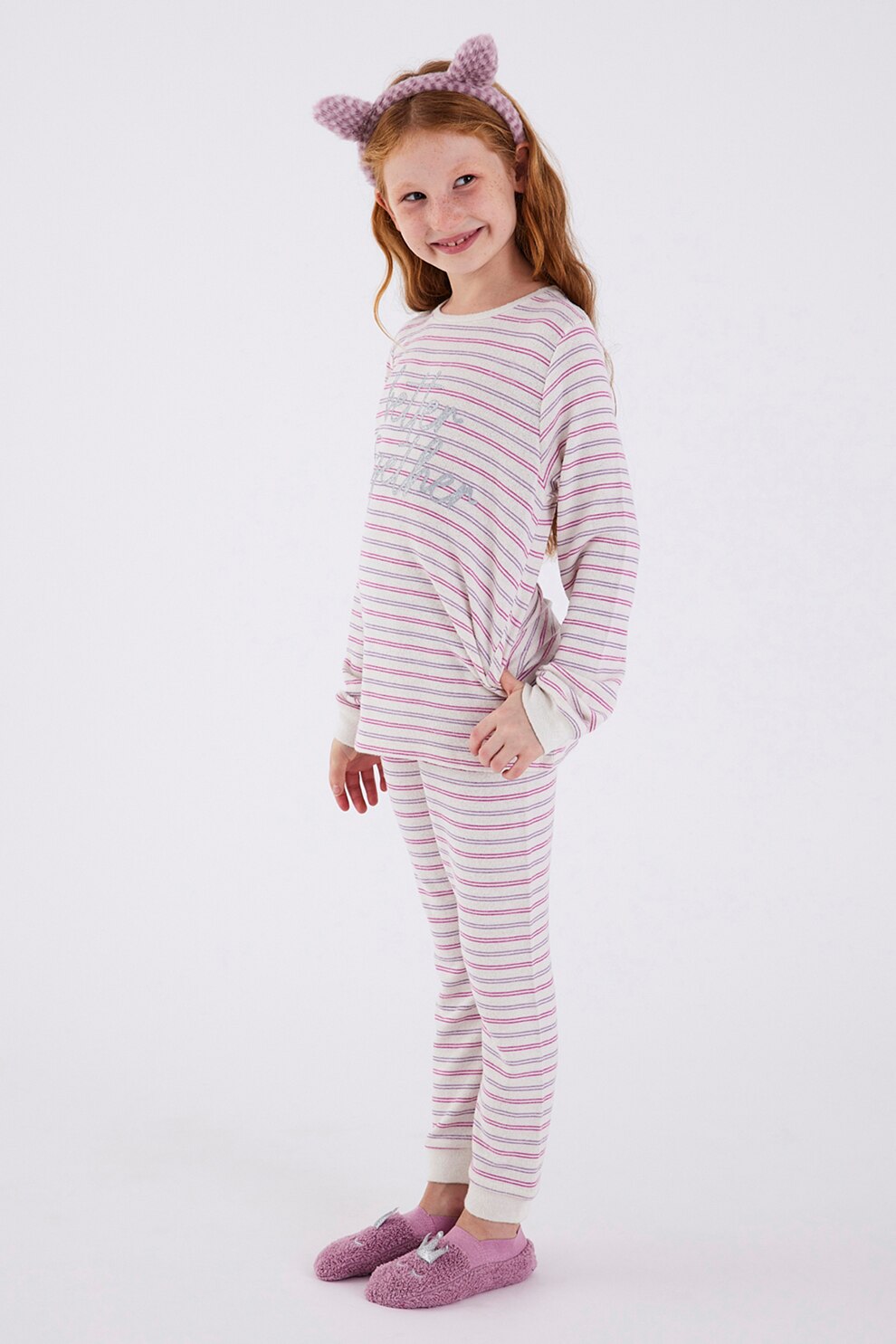 Penti, Pijama lunga cu diverse imprimeuri, Alb prafuit/Violet/Roz fandango