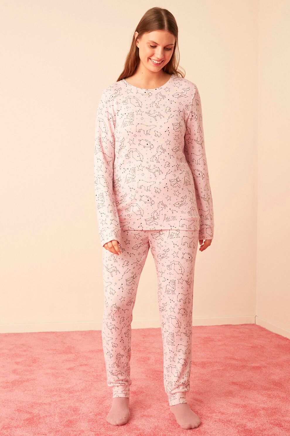 Penti, Pijama cu imprimeu grafic, Roz/Negru