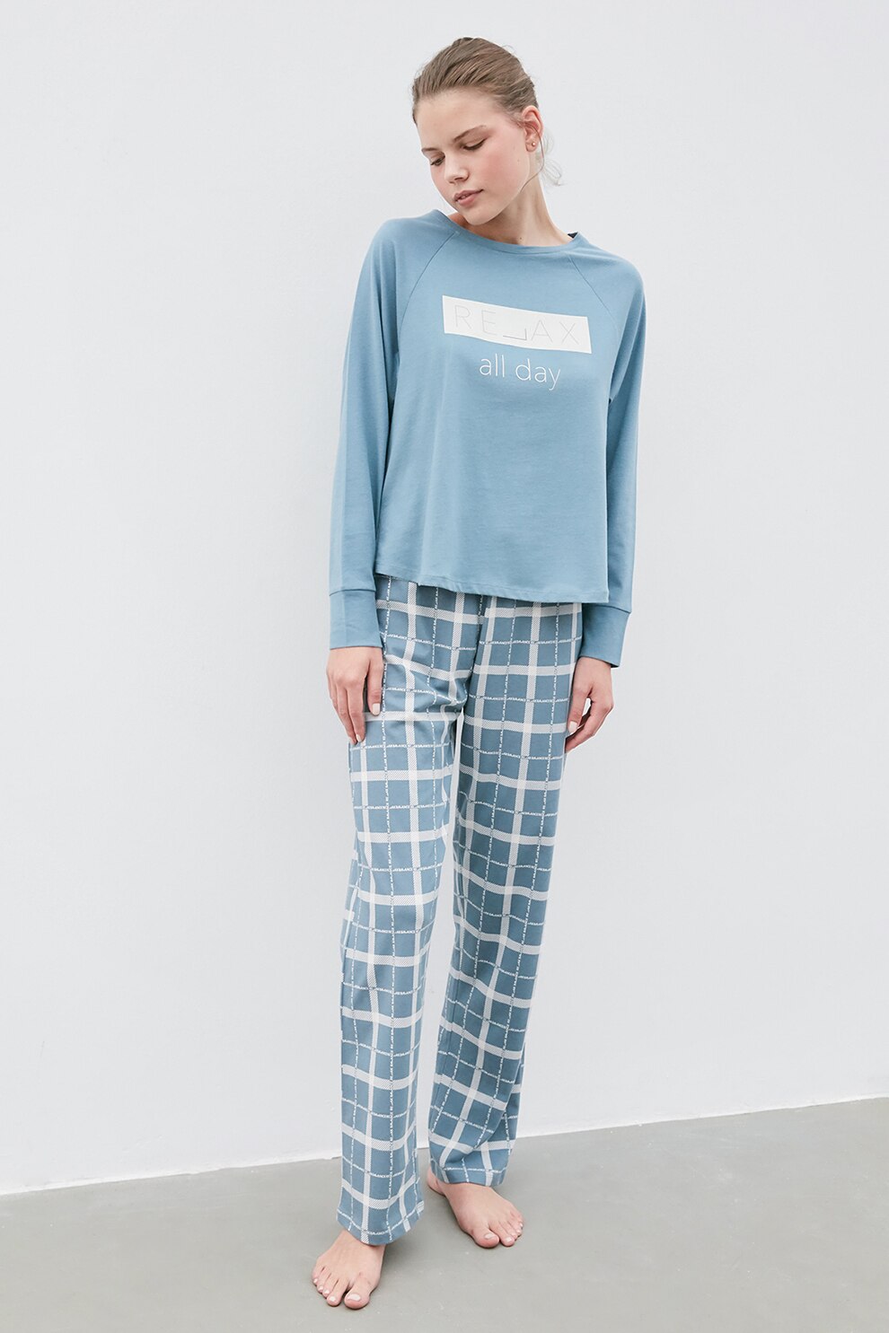 Penti, Pijama cu imprimeu si maneci raglan, Albastru prafuit/Alb