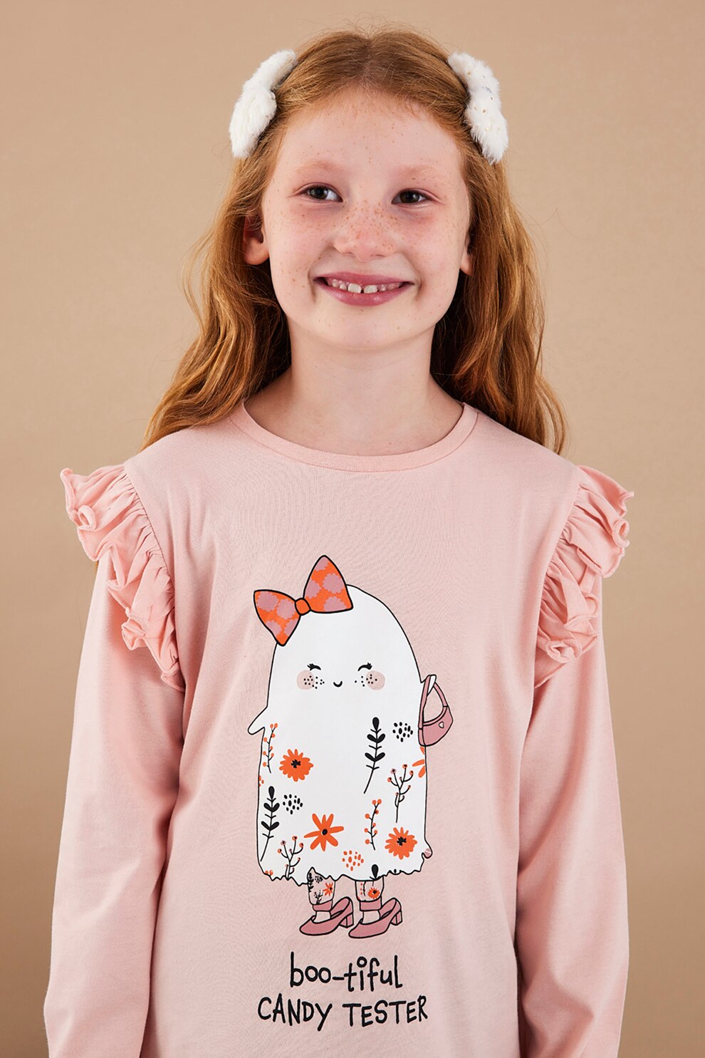 Penti, Pijama de bumbac cu imprimeu si volane, Roz/Negru