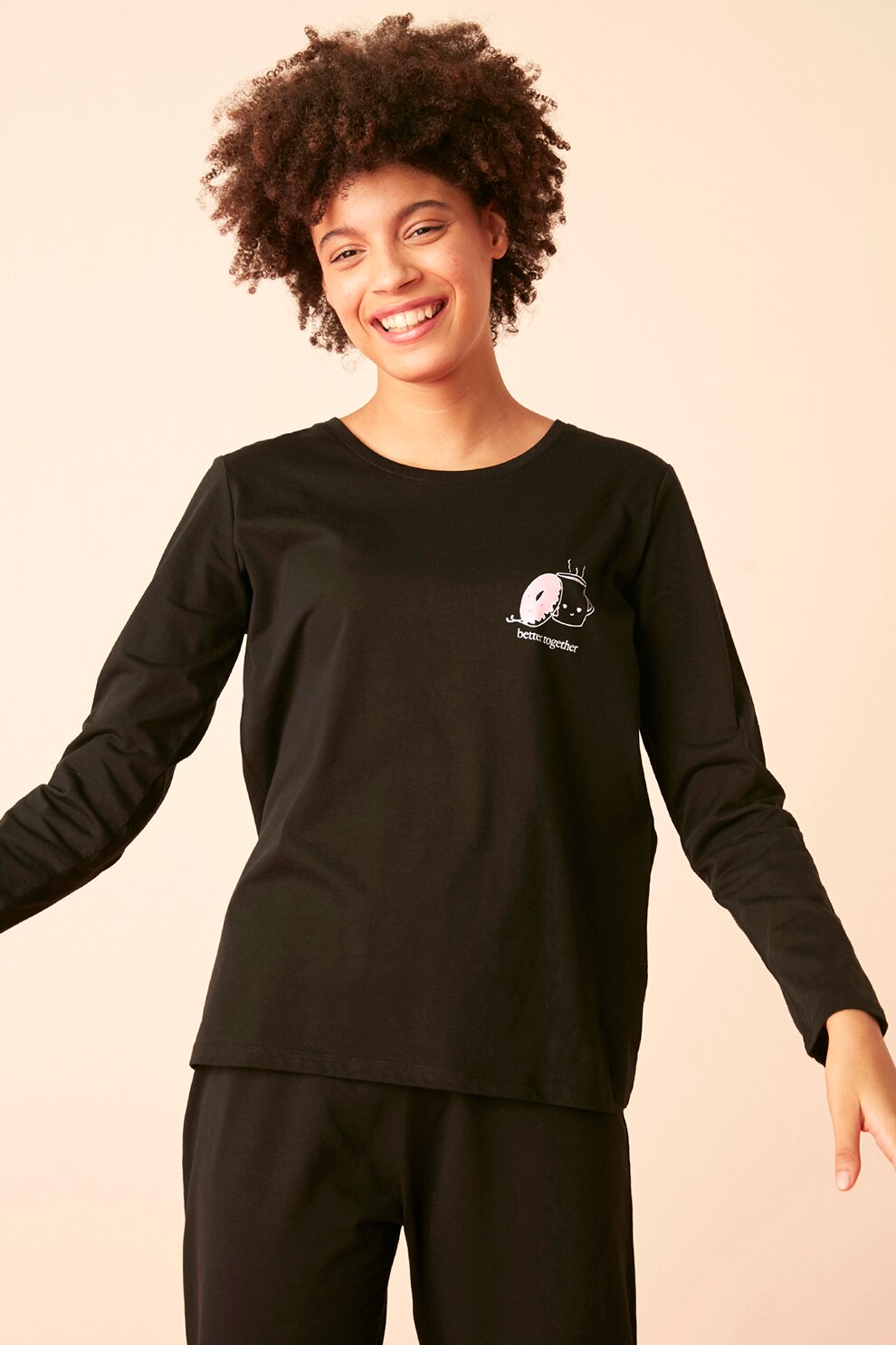 Penti, Pijama de bumbac cu detaliu grafic, Negru