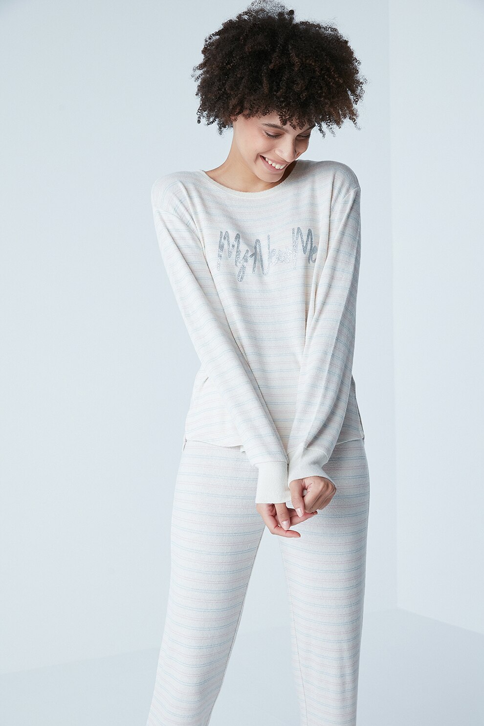 Penti, Pijama cu text si dungi, Alb prafuit/Albastru/Argintiu