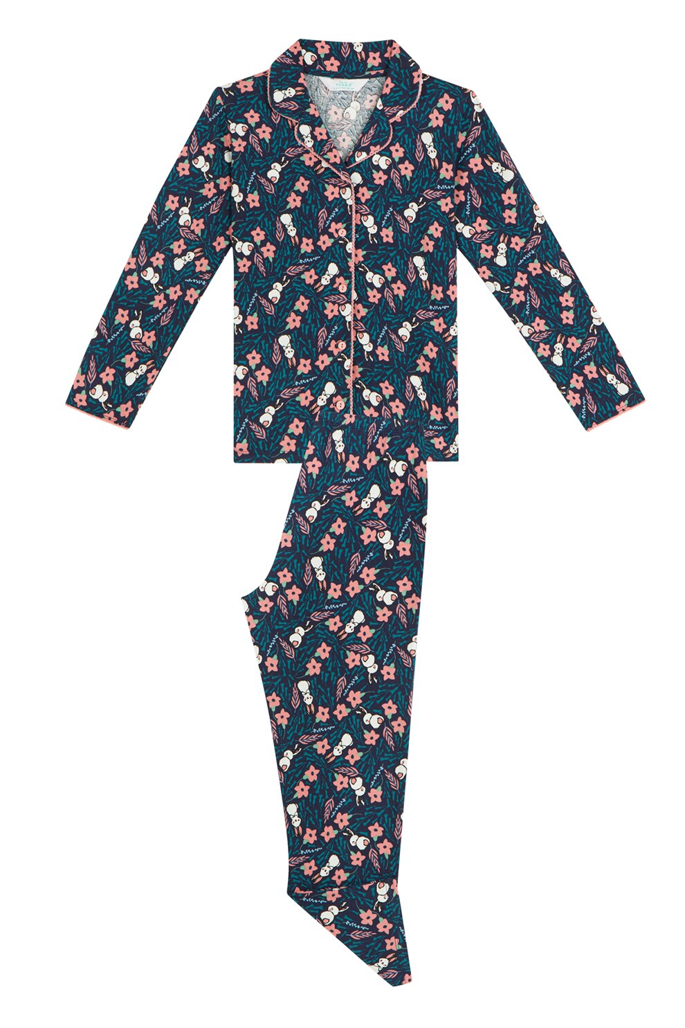 Penti, Pijama cu model floral si revere decupate, Bleumarin inchis/Roz somon/Alb