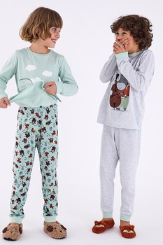 Penti, Set de pijamale cu imprimeu si maneci lungi, 2 bucati, Gri deschis melange/verde menta Penti, Set de pijamale cu imprimeu si maneci lungi, 2 bucati, Gri deschis melange/verde menta