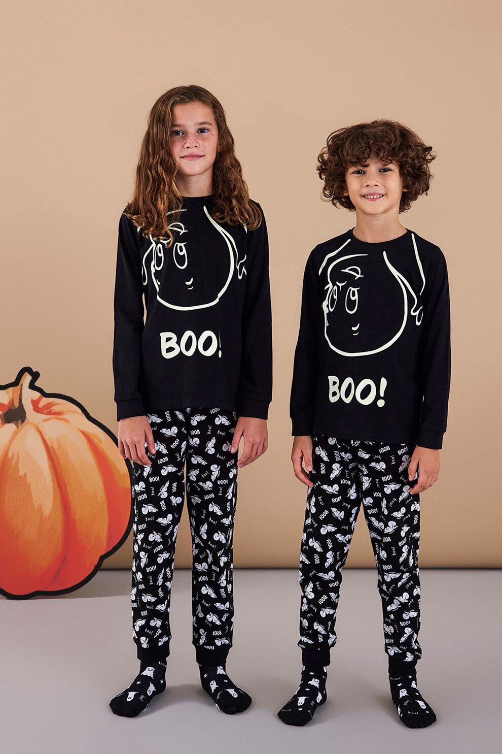 Penti, Pijama cu imprimeu, din bumbac, Negru/Alb