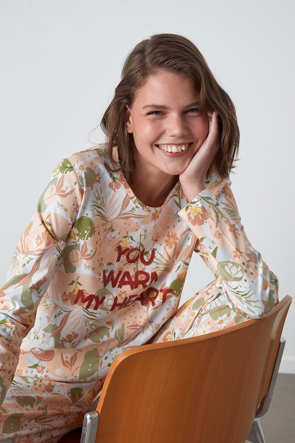 Penti, Pijama de bumbac cu imprimeu floral, Alb/Roz somon/Rosu