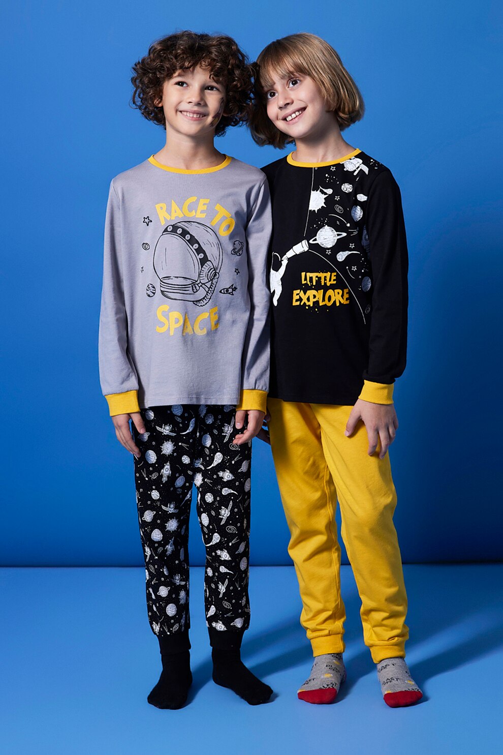 Penti, Set de pijamale de bumbac, 2 bucati, Negru/Lila prafuit/Galben