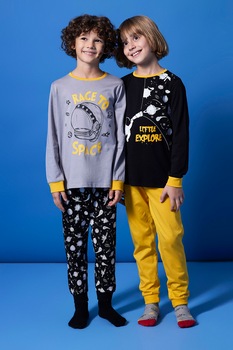 Penti, Set de pijamale de bumbac, 2 bucati, Negru/Lila prafuit/Galben Penti, Set de pijamale de bumbac, 2 bucati, Negru/Lila prafuit/Galben