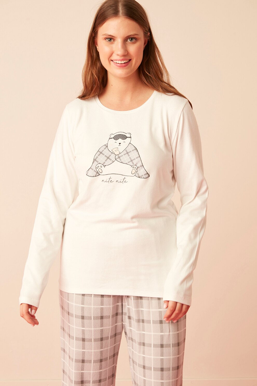 Penti, Pijama de fleece cu imprimeu, Alb prafuit/Maro taupe deschis