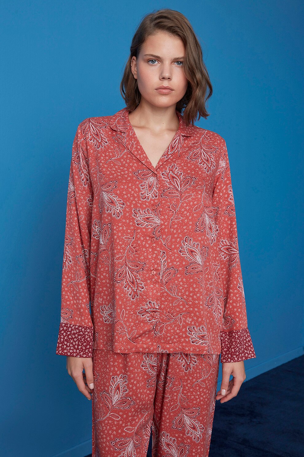 Penti, Pijama de viscoza cu revere decupate, Oranj stins/Alb