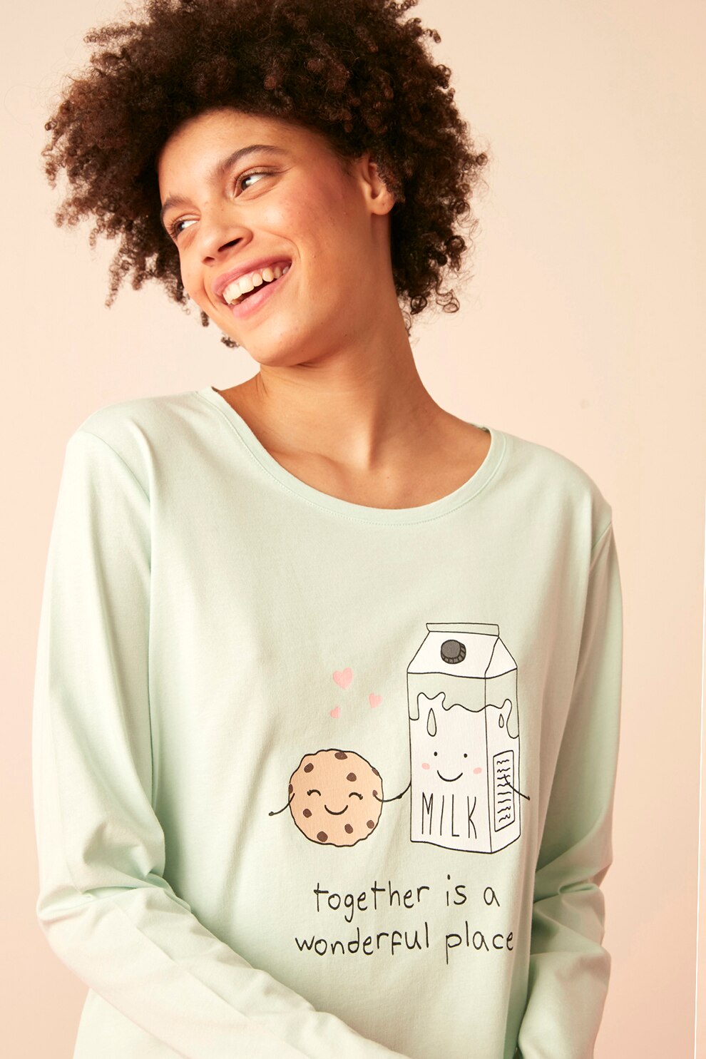 Penti, Pijama lunga cu decolteu rotund si imprimeu, Verde pal/Gri deschis melange