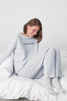 Penti, Pijama texturata cu maneci cazute, Gri deschis melange Penti, Pijama texturata cu maneci cazute, Gri deschis melange